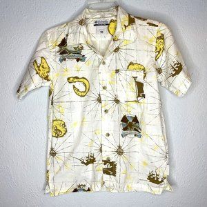 Columbia boy's M, Hawaiian Shirt Captain Fish Head Print, button down shirt.